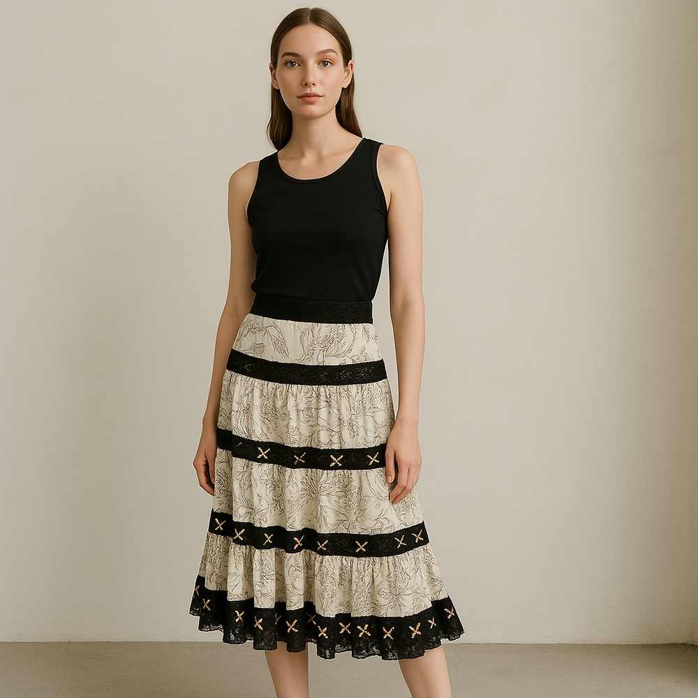 Mix Nouveau Y2K Boho Beaded Tiered Skirt Size 14 Cream Brown Floral Festival